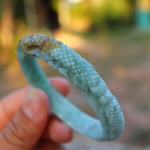 May include: A light green jade bracelet with carved dragon detailing. The bracelet has a smooth, polished finish and features intricate scales and dragon head carvings. The jade has natural colour variations, with hints of brown and white.