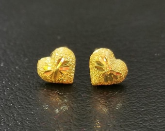 24k Yellow Gold Heart Stud Earrings: Sand Design, Pure Gold