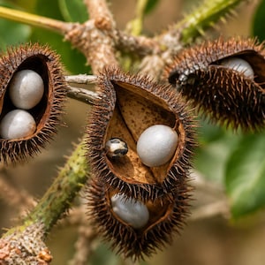 May include: Several spiky, brown, oval-shaped seed pods attached to a branch. Each pod is partially open, revealing smooth, round, white seeds nestled inside the tan-colored interior. The exterior of the pods is covered in fine, dark brown bristles.