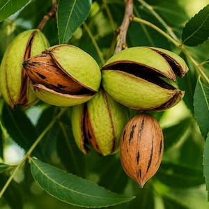 Pode incluir: Close-up de nozes pecan em um galho de árvore. As nozes estão em vários estágios de desenvolvimento, com algumas envoltas em cascas verdes e outras expostas, mostrando suas cascas marrons e listradas. Folhas verdes fornecem um fundo natural.