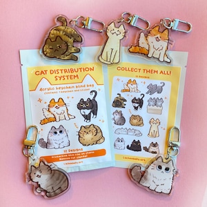 May include: Acrylic cat keychain blind bags with 12 designs, each containing a keychain and sticker. The packaging reads "CAT DISTRIBUTION SYSTEM" and "COLLECT THEM ALL!" with various cat illustrations. Each keychain has a silver clasp.
