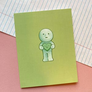 Smiski avec coeur vert carte de vœux | jolie carte, carte d'anniversaire, carte de Saint-Valentin, kawaii, papeterie