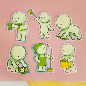 Glow in the Dark Smiski Holographic Stickers Cleaning Series | Cute aesthetic laptop decal, fan art sticker, gift idea