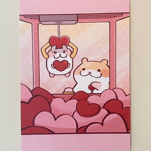 Claw Machine Hamsters Art Print | Cute hamster art, kawaii wall art, aesthetic 5x7 print, love, hearts
