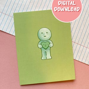DOWNLOAD DIGITAL Smiski com cartão de felicitações de coração verde | cartão bonito, cartão de aniversário, cartão de dia dos namorados, kawaii, papelaria