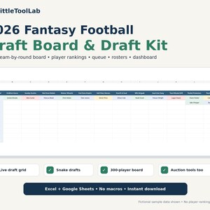 May include: A 2026 Fantasy Football Draft Board & Draft Kit digital spreadsheet tool by LittleToolLab. The interface features a live team-by-round board, player rankings, queue, rosters, and dashboard for Excel and Google Sheets with no macros.