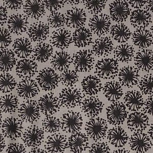 May include: Close-up of a fabric with a repeating pattern of black, stylized floral shapes on a light gray background. The design features a dense arrangement of the floral motifs, creating a textured appearance.