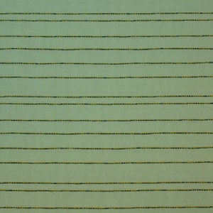 May include: A light green fabric with evenly spaced horizontal lines. The lines are composed of small, dark blue dashes interspersed with tiny yellow dashes, creating a textured appearance. The overall pattern is simple and clean.