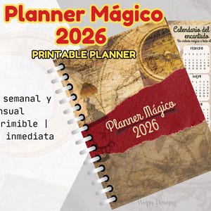 Puede incluir: Un planificador con espiral con el texto "Planner Mágico 2026" en la portada. El planificador presenta un calendario y diseños semanales/mensuales. El diseño incluye un mapa vintage y una pancarta roja. También se ven las palabras "Printable Planner".