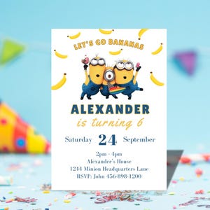 Minion verjaardagsuitnodiging, minimalistische kinderverjaardagsuitnodiging, Minion-thema, bewerkbare Minion-uitnodiging, meisjesverjaardag, jongensuitnodiging