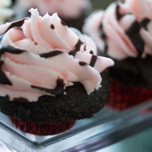 Mini Chocolate Covered Raspberry Buttercream Topped Vegan Cupcakes