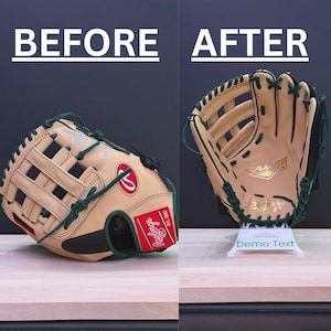 May include: A side-by-side comparison of a baseball glove, labeled "BEFORE" and "AFTER". The gloves are tan with green stitching and accents. The "AFTER" glove is displayed on a white stand with the text "Demo Text". The Rawlings logo is visible.