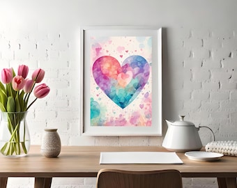 Watercolor Hearts Print, Valentine's Day Wall Art (Digital Download)