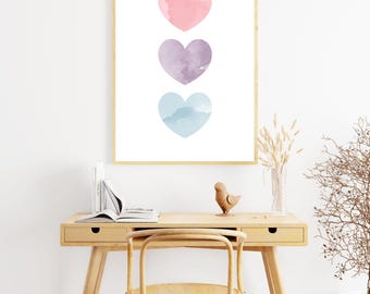 Watercolor Hearts Art Print, Valentine's Day Decor (Digital Download)