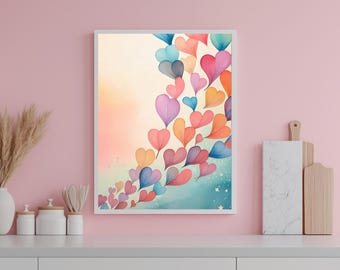 Watercolor Hearts Sky Print, Valentine's Day Wall Art (Digital Download)