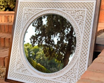 Moroccan Hand Carved Plaster Mirror: Oriental Framed Wall Mirror, Traditional Old Islamic Hanging Decor