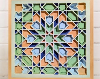 Marokkanische Geometrische Gips Wandkunst: Gemalte Islamische Musterdekoration, Zellige Fliesendesign