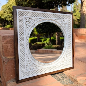 Hand-Carved Moroccan Plaster Mirror: Oriental Arabesque Wall Decor