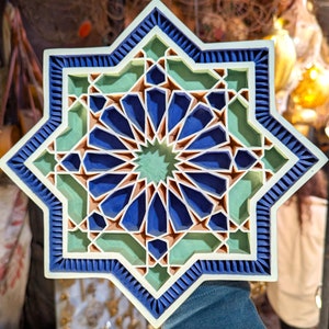 Octagram Star Painted Plaster, Moroccan Hand-Carved Wall art, Islamic Geometric Pattern