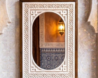 Hand Carved Plaster Arched Mirror, Wood Frame, Andalusian Moroccan Decor