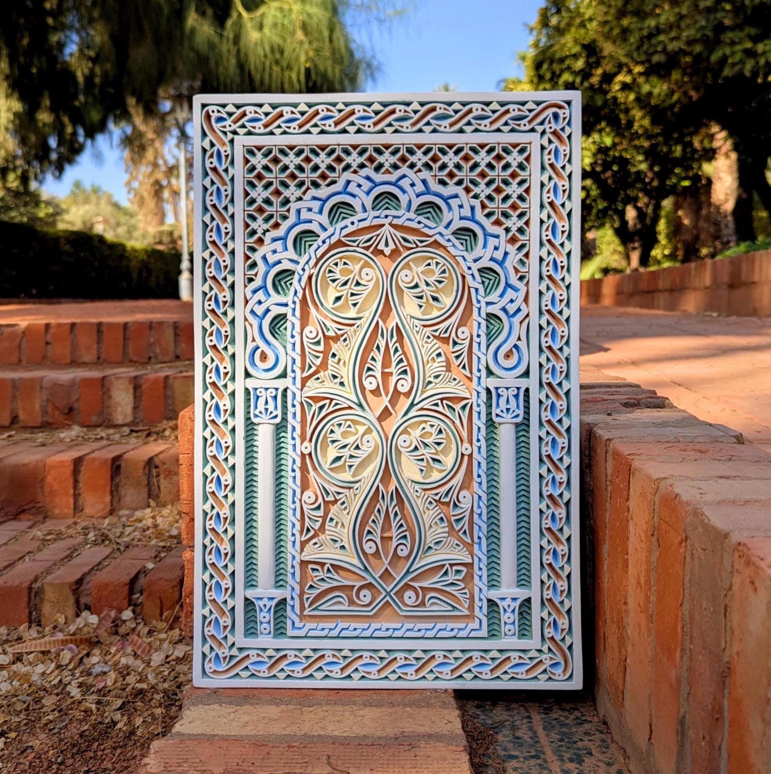 ヴィンテージ ギリシャ製 陶板画 アンジェロ・ツァキラキス 軍馬 アートタイル Mosque Window Carved Plaster Wall Hanging, Islamic Architecture