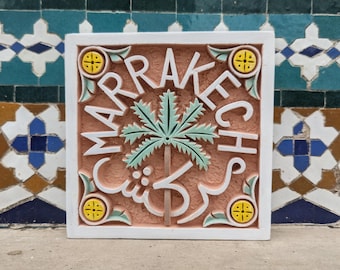 Marrakech and Palm Tree Calligraphy Wall art, Moroccan Hand Carving Plaster decor