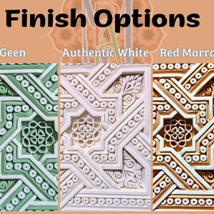 May include: Three different finish options for a decorative tile with an intricate geometric pattern. The options are "Geen", "Authentic White", and "Red Marrakech".