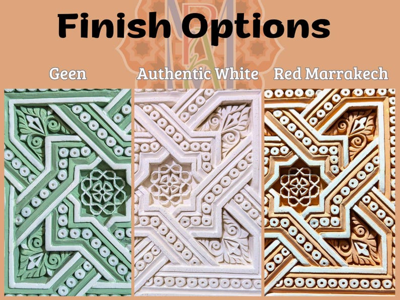 May include: Three different finish options for a decorative tile with an intricate geometric pattern. The options are "Geen", "Authentic White", and "Red Marrakech".