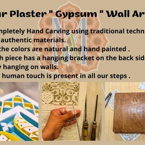 May include: Three close-up images of hand-carved plaster wall art. The first image shows a blue and yellow geometric design. The second image shows a hand carving a design into the plaster. The third image shows a finished piece of wall art with a hanging bracket on the back.