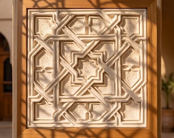 May include: A square wall art piece featuring a cream-colored plaster relief with an intricate geometric star pattern, encased in a natural light brown wooden frame. The design consists of interlocking lines and shapes with textured surfaces.