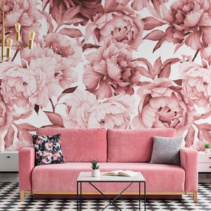 Watercolor Pink Peony Floral Wallpaper | Chic Peony Blossom Wall Mural ...