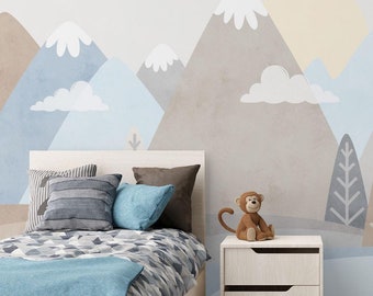Kids Soft Color Mountains Landscape Wallpaper | Pastel Whimsical Mountains Wall Mural