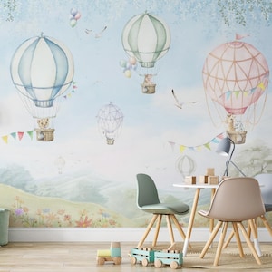 Bambini Mongolfiere e carta da parati animali / Acquerello Palloncini carini con carta da parati animali