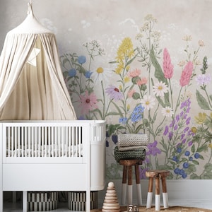 Papier peint coloré prairie de fleurs sauvages pour enfants | Papier peint floral fantaisie