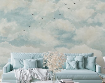 Watercolor Sky and Cloud Wallpaper | Peaceful Sky with Birds Wall Mural