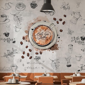 Watercolor Coffee Shop Wallpaper | Cappuccino Art for Cafe Wall Mural