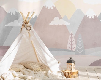 Kids Pastel Mountains Landscape Wallpaper | Whimsical Mountains Wall Mural