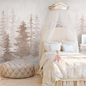 Kids Foggy Forest Silhouette Wallpaper | Cozy Watercolor Pine Tree Wall Mural