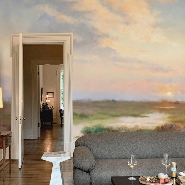 Serene Sunset Landscape Wallpaper | Scenic Sky Field Wall Mural