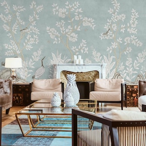 Delicate Chinoiserie Floral Bird Wallpaper | Vintage Botanical Scene Wall Mural