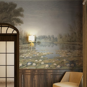 Vintage Lily Pond Landscape Wallpaper | Tropical Scenic Pond Mural