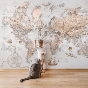 Carta da parati con mappa del mondo vintage per bambini / Carta da parati murale con mappa del tesoro con tema avventura dettagliato