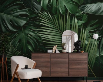 Lush Tropical Jungle Foliage Wallpaper | Exotic Monstera and Palm Leaf Wall Mural