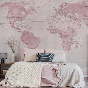 Kinderzimmer Soft Pink Weltkarte Wallpaper | Niedliche Weltkarte Mädchen Zimmer Wandbild