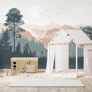 Kids Forest and Mountain Landscape Wallpaper | Sunrise Over Valley Scene Wall Mural