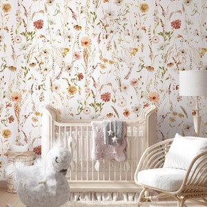 Kids Watercolor Wildflower Pattern Wallpaper | Delicate Botanical Floral Wall Mural