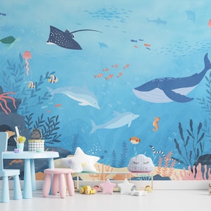 Carta da parati per bambini con animali dell'oceano e barriera corallina / Carta da parati murale con simpatici animali marini e creature marine