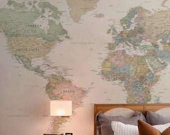 Soft Colors Political World Map Wallpaper | Peel and Stick Map Wall Mural