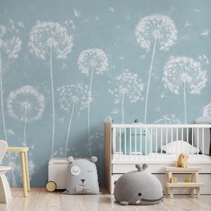 Carta da parati con denti di leone blu per la stanza dei bambini / murale con ciuffi di denti di leone sereni