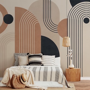 Carta da parati con forme geometriche dai colori tenui / murale minimalista con linee ad arco